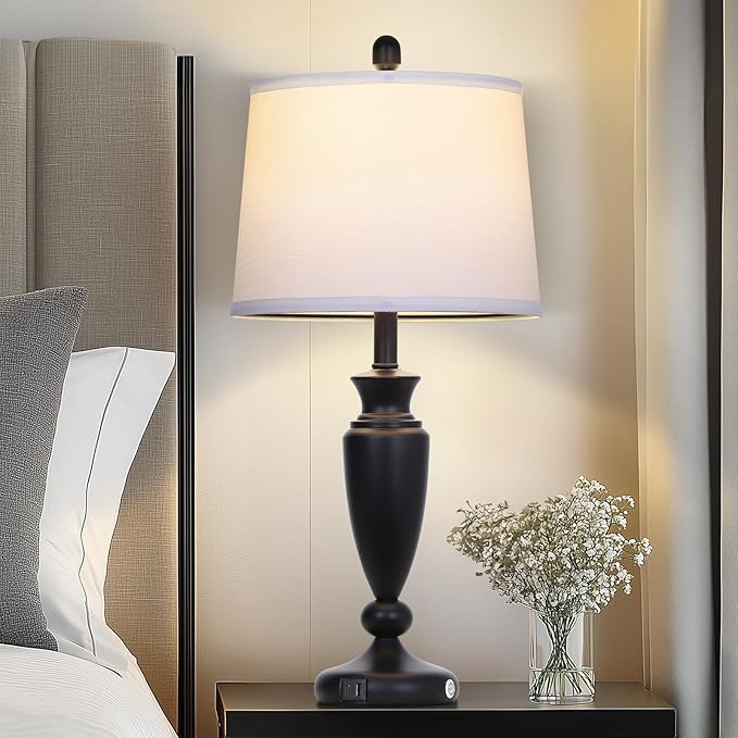 27'' Black Table Lamp Single, 3 Way Touch Control Living Room Lamp with USB A+C Ports, Modern Bedside Lamp, Elegant Metal Nightstand Lamps for Bedroom Office End Table Decoration