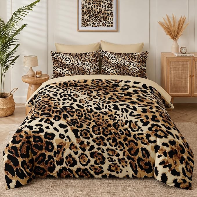 Nesker Comforter Set King Size, Leopard Print Wild Cheetah 7 Pcs Bedding for Kids and Adults, Animal Safari Skin Pattern Bed Sheet Sets with Fitted Sheet 2 Pillowcases & 2 Shams