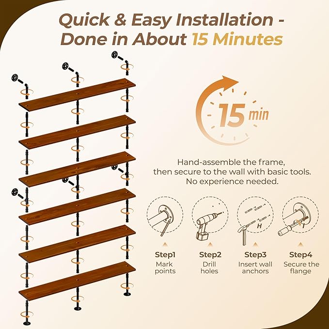 Industrial Ladder Shelf Bookcase, Wall Mounted Rustic Bookshelf, Retro Wood Metal Pipe Industrial Shelves for Living Room(Walnut Brown, 6 Tier - 10" D x 70" W x 82.5" H)