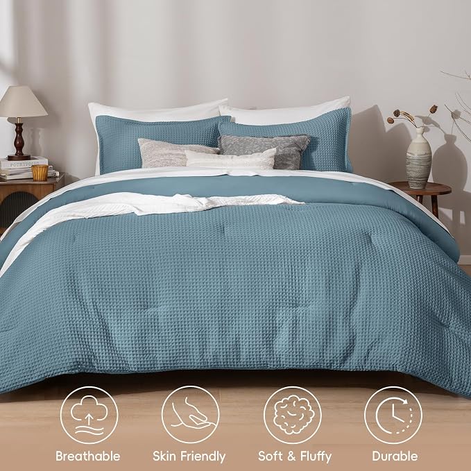 PHF Ultra Soft Waffle Weave Comforter Set King Size, 3 Pieces Lightweight Breathable Comfy Bedding Set, Comfy Textured 1 Comforter with 2 Pillow Shams, Stormy Blue