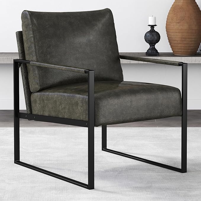 CANMOV Modern Accent Chair Set of 2, PU Leather Armchair with Metal Frame,Comfy Single Reading Chair with Soft Padded Backrest and Cushion for Living Room, Bedroom,Reading Room,Office,Dark Grey