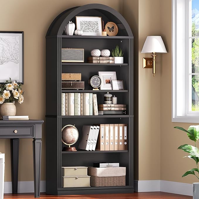 RALGEND Arched Bookshelf Set of 2, 75.8" Tall Arch Bookcase with Storage, 6-Tier Farmhouse Book Shelf, Arched Cabinet, Wooden Bookshelf with Open Display Shelves, Adjustable Shelf, Office, Black