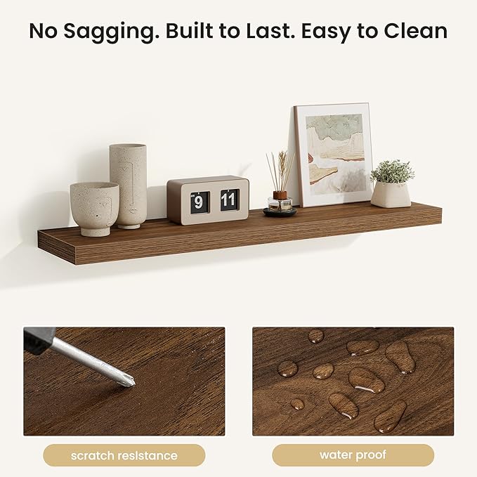 Fun Memories Rustic Wood Floating Shelves for Wall, Space-Saving Wall Mounted Shelves for Bathroom, Bedroom, Living Room and Kitchen, Stylish Storage & Display (Set of 2, Walnut, 40 in)