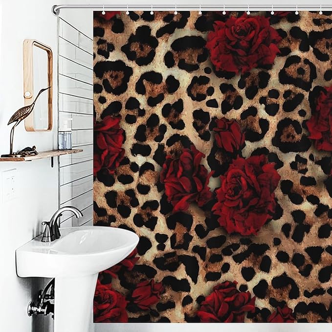 Leopard Rose Flower Shower Curtain Brown Wild Animal Skin Print Cute Red Rose Floral Valentine's Day Creative Modern Art Waterproof Shower Curtains for Bathroom Decor 12 Pack Hooks 66x72in（168x183cm）