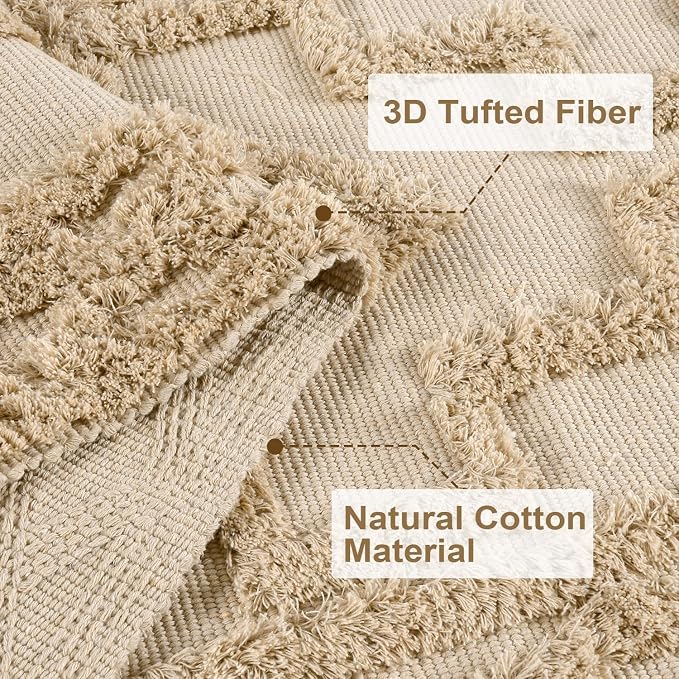 Uphome Boho Bathroom Rug 2' x 3', Small Farmhouse Kitchen Rugs with Tassels, Khaki Washable Front Door Mat, Cotton Woven Moroccan Tufted Throw Rug for Bedroom Entryway Laundry Living Room