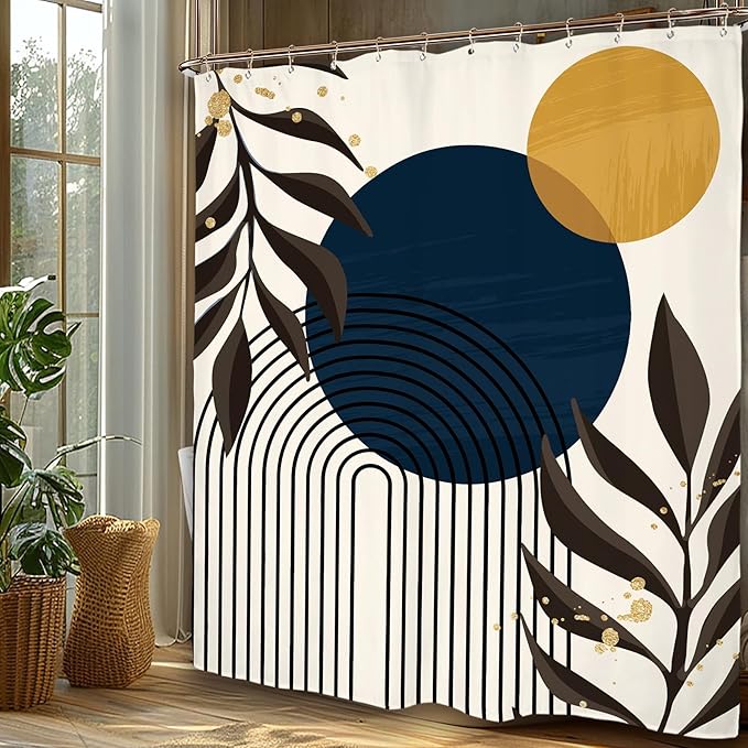 Miyotaa Abstract Minimalist Shower Curtain Set 60Wx71H Inches Aesthetic Modern Contemporary Plant Leaves Neutral Navy Blue Mustard Yellow Polyester Waterproof Bathroom Curtain with 12 Hooks