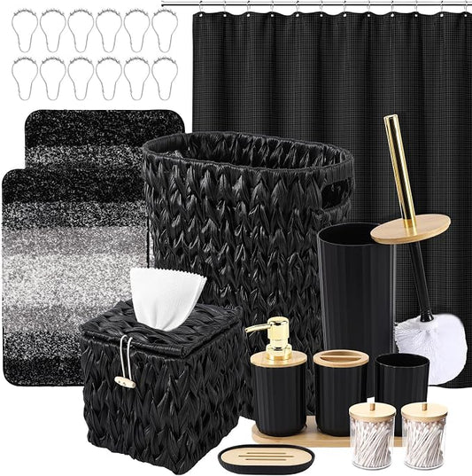 Bathroom Accessories Set, 25PCS Wicker Bathroom Accessory Set with Shower Curtain, Bath Mat, Soap Dispenser, Handwoven Trash Can & Rattan Tissue Box (Black, Bath Set+Shower Curtain+Rugs)