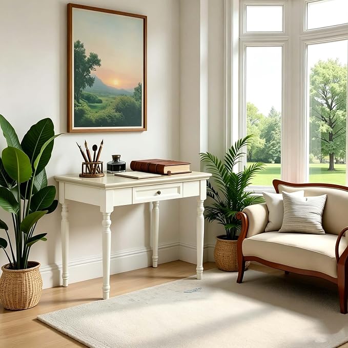 Beige Writing Desk with Drawer, 35" Solid Wood French Country Style Computer Desk for Home Office, Living Room Study or Workspace