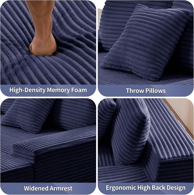 Boneless Chaise Lounge Chair Indoor - 59" Oversized Corduroy Floor Boneless Loveseat Sofa Couch for Living Room, No Assembly Required,Blue