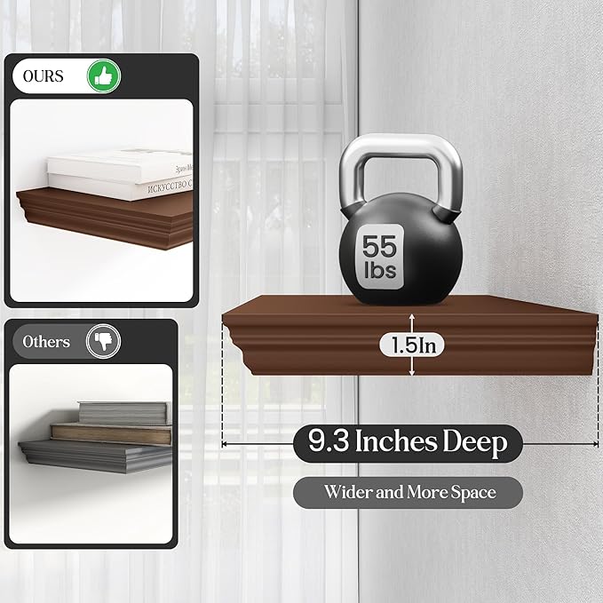 Fun Memories Floating Shelves 55 Inch Long, 9.3 Inch Deep Classic Crown Molding Floating Shelves for Wall, Rustic Wooden Shelves for Wall Decor Bathroom, Kitchen, Office, (Walnut, 1Pack)