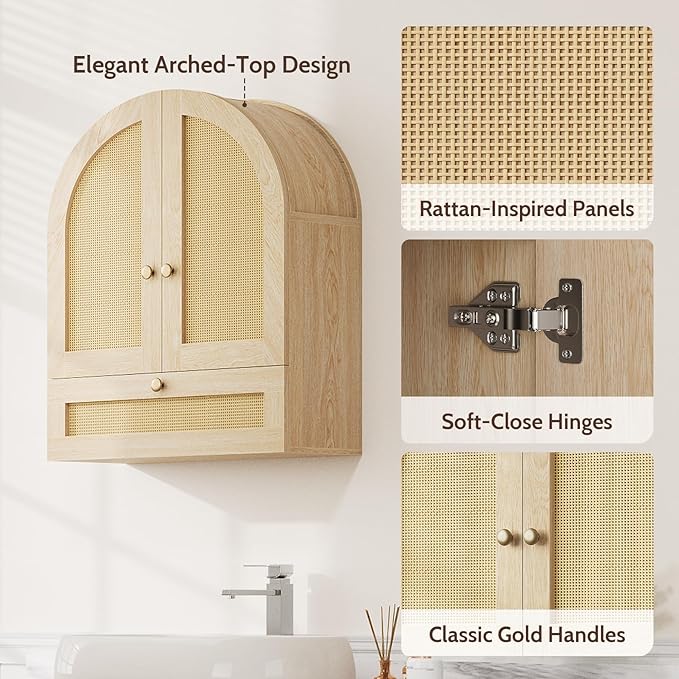 Arched Bathroom Wall Cabinet, Rattan Medicine Cabinet with Drawer, Wall Mounted Hanging Above Toilet Storage Cabinet, Natural 4-Tier Small Over The Toilet Storage Cabinet with Door for Kitchen Laundry
