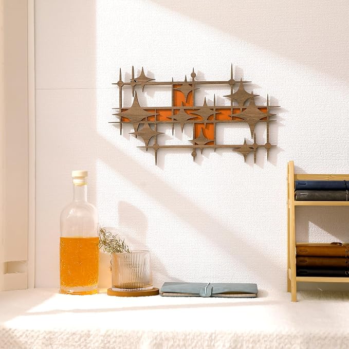 BrightRow Wooden Mid Century Modern Large Starbursts Wall Decor, Retro Starburst Panels Sculpture, 14.96 X 8.82 inch, Abstract Wall Decor Accents for Home Office Living Room