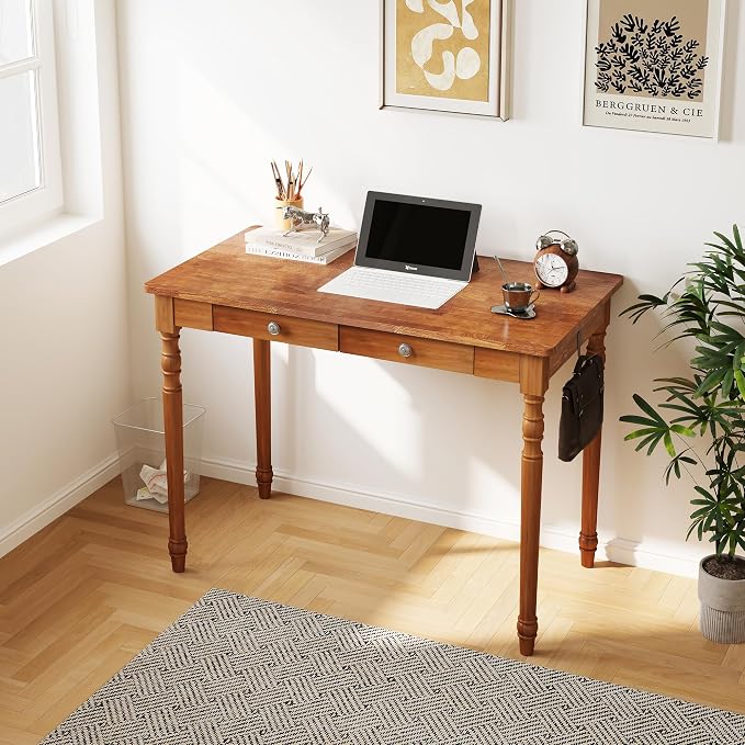 Solid Wood Writing Desk with Drawers - 39.4" Small Wood Vintage Desk, Mid Century Modern Desks, Wooden Computer Desks for Home Office, Traditional Vanity Dressing Table for Bedroom, Walnut