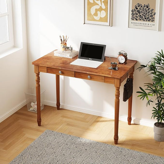 Solid Wood Writing Desk with Drawers - 39.4" Small Wood Vintage Desk, Mid Century Modern Desks, Wooden Computer Desks for Home Office, Traditional Vanity Dressing Table for Bedroom, Walnut