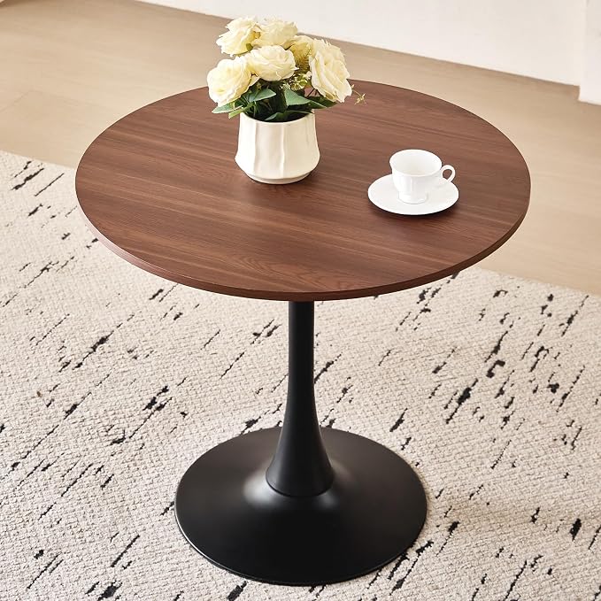 23.6" Round Dining Table for 2-4 Modern Circle Tulip Table with Metal Black Tulip Pedestal Base for Kitchen Dining Living Room Apartment Small Space Cafe, Brown
