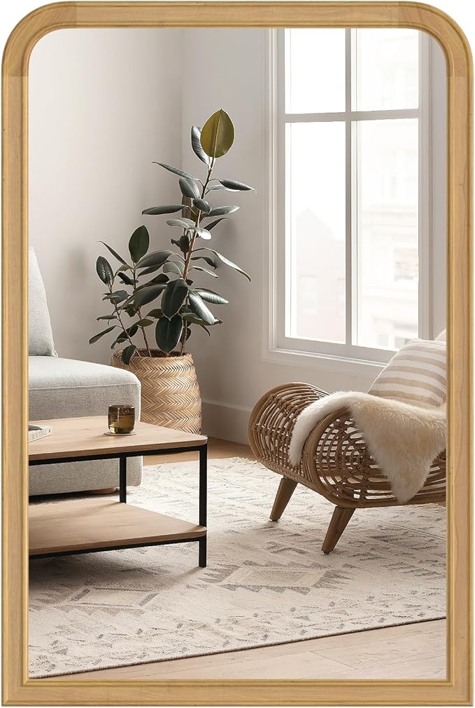 HOMECOOKIN 24" x 36" Wood Framed Mirror Bathroom Mirrors for Wall, Natural Arched Wood Bathroom Vanity Mirror for Entryway, Living Room or Bedroom Home Decor