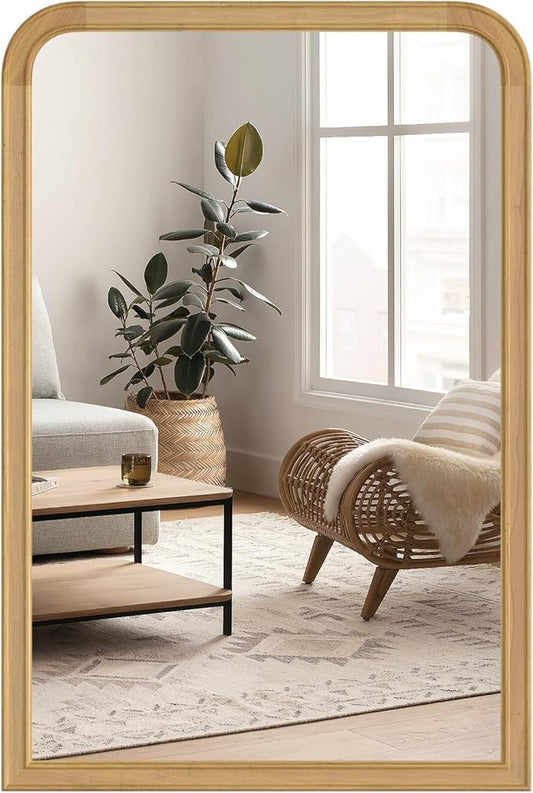HOMECOOKIN 24" x 36" Wood Framed Mirror Bathroom Mirrors for Wall, Natural Arched Wood Bathroom Vanity Mirror for Entryway, Living Room or Bedroom Home Decor