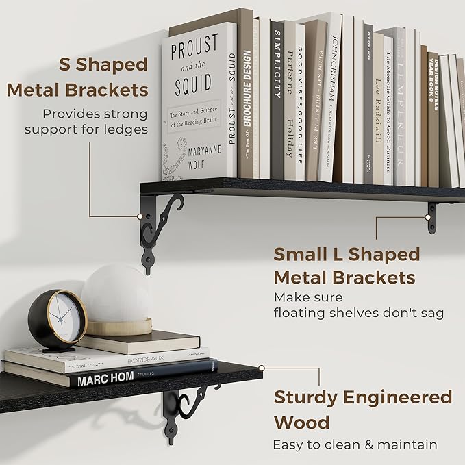 RICHFOCUS Floating Shelves for Wall Decor, 55.1W x 8D Shelves Set of 2, 8 Inch Deep Rustic Wood Shelves Wall Mounted with Brackets, Long Floating Shelves for Living Room Bedroom Kitchen, Black