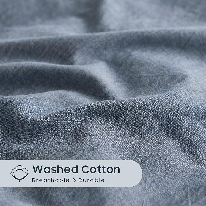 Wake In Cloud - Cotton Duvet Cover Set, 100% Washed Cotton, Linen Like Textured, Breathable Durable Comfy Farmhouse Neutral Bedding Set, 3 Pieces, Denim Blue, Full Size