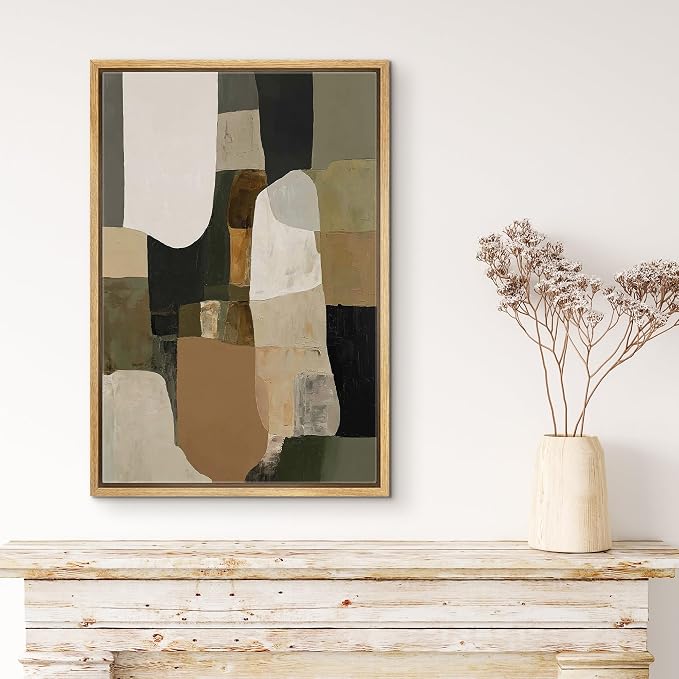 MUDECOR Framed Canvas Print Wall Art Earth Tone Green & Beige Abstract Shapes Illustrations Fine Art Mid-Century Modern Multicolor for Living Room, Bedroom, Office - 16"x24" NATURAL