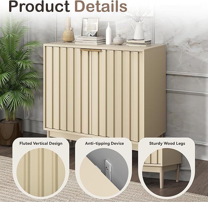 Fluted Sideboard with Storage, Buffet Cabinet Sideboard with Door, Kitchen Buffet Storage Accent Cabinets with Adjustable Shelves for Living Room, Entry, Hallway, Beige