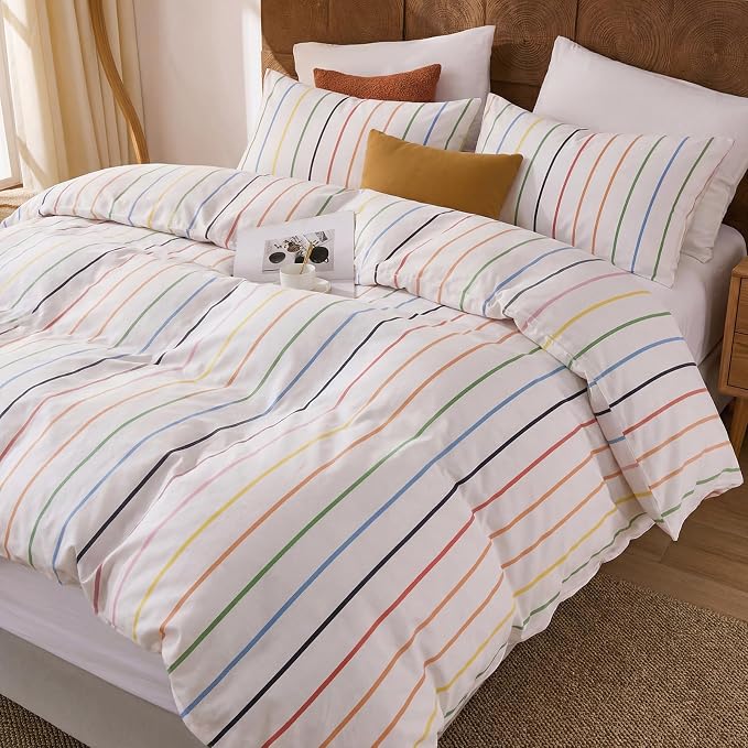 Merryword Rainbow Striped Duvet Cover Set Queen Size, 100% Cotton Bedding Set with Zipper Closure & 8 Corner Ties, Luxury Linen Like Bedding, Soft Breathable Comforter Cover for All Seasons