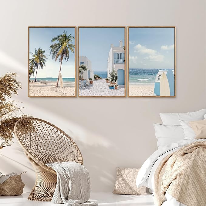 Rantodecor Beach Themed Framed Canvas Wall Art, Palm Tree Surfboard Van Wall Decor, Nordic Blue and White House Art Painting, Modern Relaxing Seascape Artwork for Bedroom Living Room Office 16"x24"x3