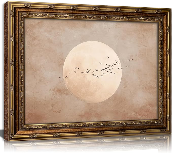 Vintage Gold Framed Minimalist Moon and Birds in Flight Wall Art, Neutral Beige Sky Painting Canvas Prints, Boho Nature Poster Artwork for Modern Living Room Bedroom Office Wall Decor，12x16in