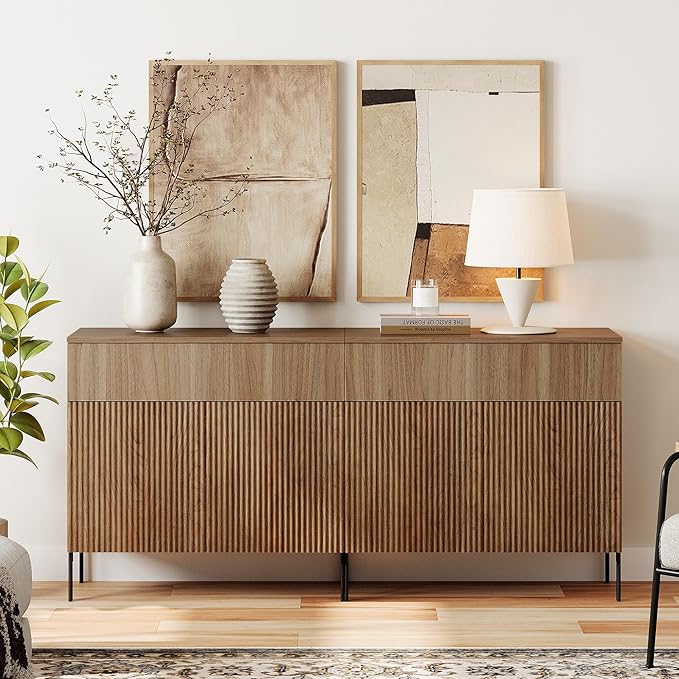 WAMPAT 63" W Large Sideboard Buffet Cabinet with Storage, 2 in 1 Fluted Sideboard Buffet with 4 Doors, Wooden Buffet Table, Coffee Bar Wine Bar Cabinet for Dining Room, Living Room, Light Walnut