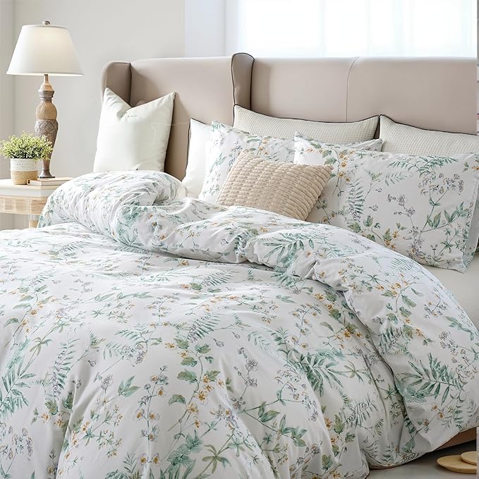 100% Cotton Duvet Cover Set King Size Vintage Chic Style Green Floral Duvet Cover Lightweight Floral Bedding Set with Zipper Closure for All Season, Exquisite, Ultra Soft