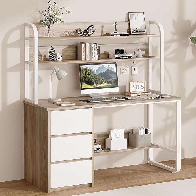 MaverickFurni Computer Desk with 3 Drawers and Shelves, 55 Inch Desk with Hutch for Small Spaces, Study Writing Desk with Shelves for Bedrrom, Adjustable Feet, Light Walnut