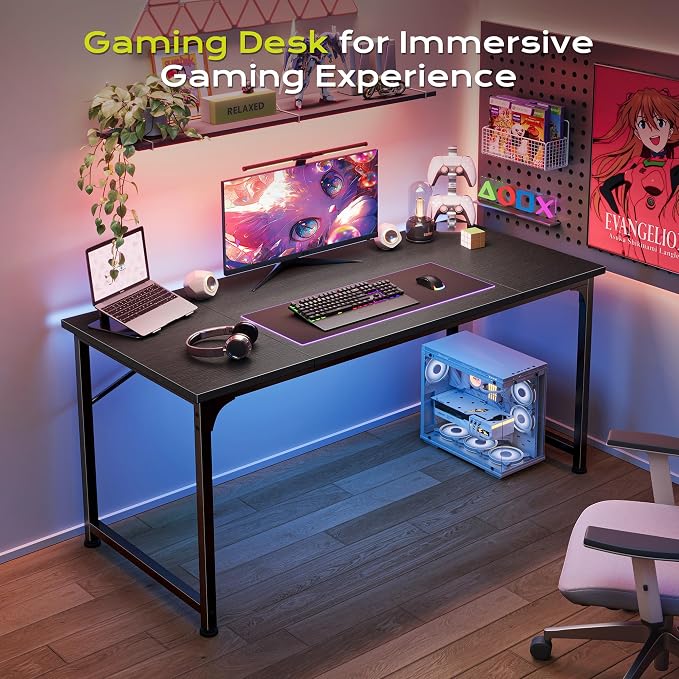 PRAISUN 47 Inch Computer Desk, Home Office Desk with Spacious Desktop, Modern Gaming Desk, Writing Study Table for Bedroom, Small Spaces, Work from Home Desk with Metal Frame, Black