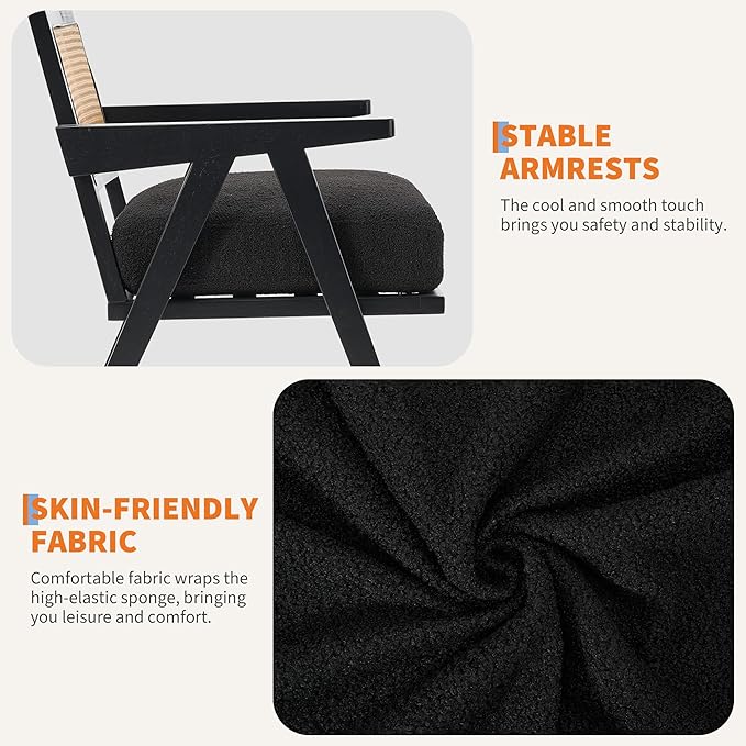 Mid Century Modern Accent Chair, Comfy Living Room Chairs with Sturdy Wood Legs, Rattan Backrest & Beige Thick Linen Cushion, Armchair for Bedroom Balcony Apartment, Black