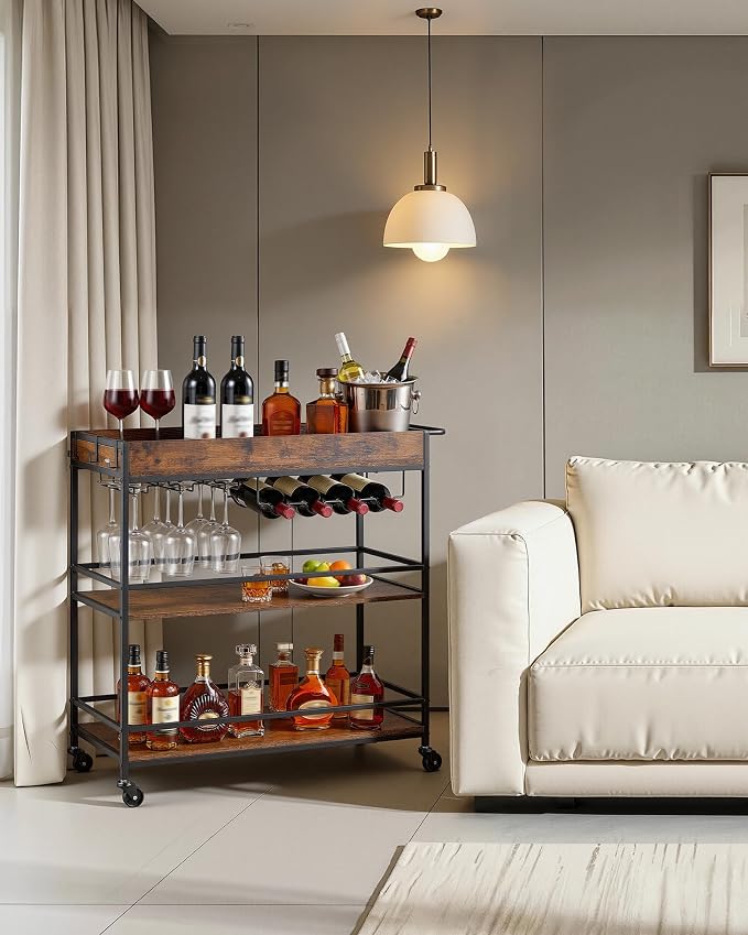 VEVOR Bar Cart, 3 Tiers Home Kitchen Serving Carts, Industrial Rolling Utility Station on Wheel, Mobile Drink Beverage Shelf with Wine Rack & Glass Holder, 34.64x14.17x32.68 in, Rustic Brown and Black