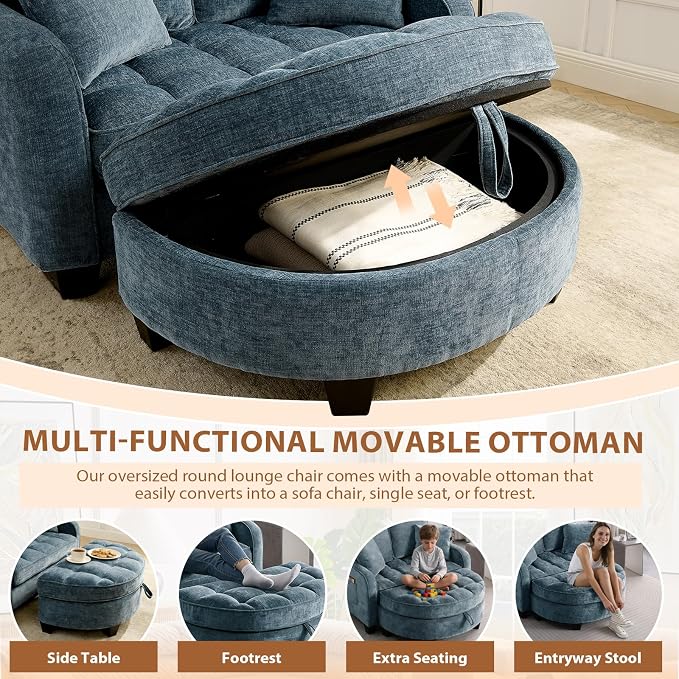 Oversized Curved Chaise Lounge Chair Indoor with Ottoman, 54.8" Cloud Boneless Reading Chair Soft Chenille Circle Couch w/Adjustable Backrest for Living Room, Apartroom, Bedroom, Blue