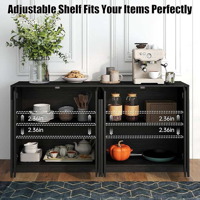 65" Sideboard Buffet Cabinet with Storage, Modern Fluted Accent Credenza with Adjustable Shelves, Wood Media TV Console Coffee Bar Table for Dining Room, Kitchen and Living Room, Black