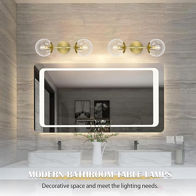 KoKo&Yukina Mid Century Modern Bathroom Vanity Light, 2 Light Globe Sconce, Gold, W 7.7'' x H 19'' x D4.7''