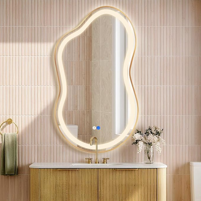 Irregular Led Backlit Bathroom Mirror -24"x36" Single Piece, Asymmetrical Cloud Lighted Vanity Mirror with Lights for Wall, Anit-Fog, Dimmable, Memory (Vertical/Horizontal)