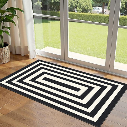 Front Door Mat Indoor Entrance - 2x4.3 Ft Modern Washable Layered Doormat Outdoor Entrance Porch Rug Non-Slip Black White Geometric Runner Rug for Kitchen Bedroom Laundry Room Porch Decor