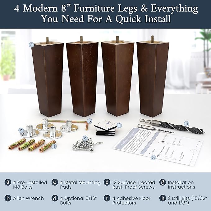 Premium Walnut Square Furniture Legs (Full Install Kit) - Pick Your Size and Color