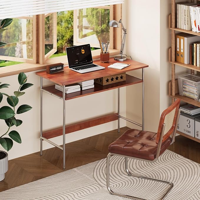 100% Solid Wood Desk, 39 Inch Writing Computer Desk for Small Spaces, Vintage Home Office Desks, Mid Century Modern Desks with Thickened Stainless Steel Legs for Study, Makeup & Workstation (Cherry)