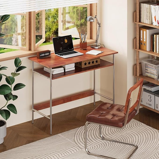 100% Solid Wood Desk, 39 Inch Writing Computer Desk for Small Spaces, Vintage Home Office Desks, Mid Century Modern Desks with Thickened Stainless Steel Legs for Study, Makeup & Workstation (Cherry)