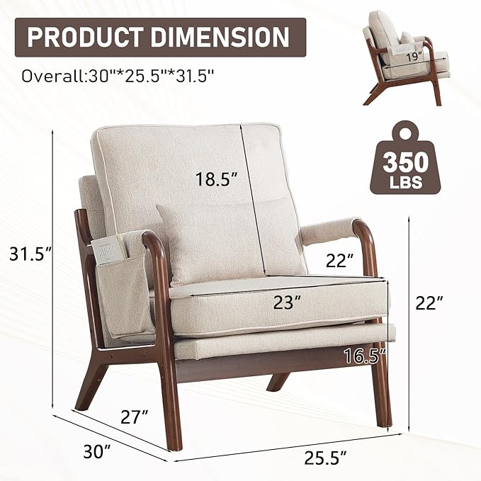 ANJ Mid Century Modern Accent Chair Set of 2, Lounge Reading Armchair with Extra Side Pocket & Detachable Cushion, Comfy Fabric Accent Chairs for Living Room, Bedroom,Beige