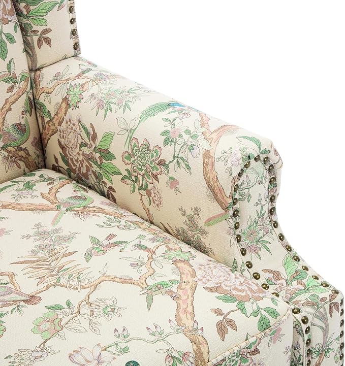 High Back Accent Chair, Fabric Upholstered Armchair for Living Room, Floral Wingback Chair with Retro Solid Wood Legs, Nailhead Trim Single Sofa Bedroom Reading Seat - Bird