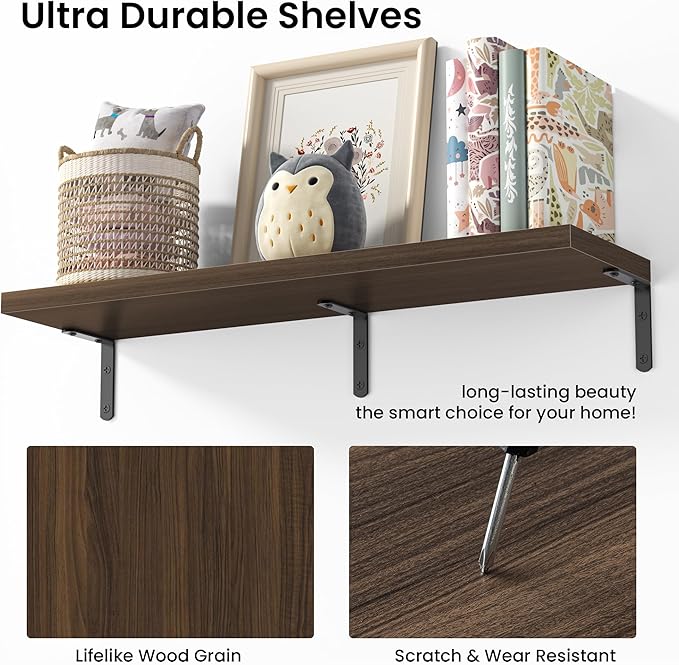 Marsmiles Extra Wide Floating Shelves for Wall, 40x8 Inch Natural Wood Grain Bookshelves, Heavy Duty Mounted Shelving for Bathroom, Kitchen, Living Room, Bedroom,Set of 2，Walnut