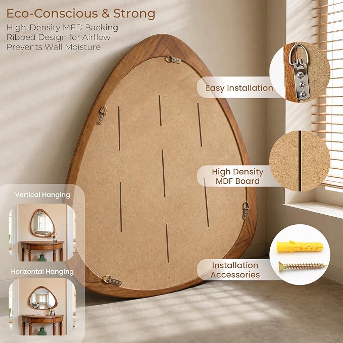 24" x 19" Asymmetrical Wall Mirror with Brown Wood Frame, Irregular Wall Mirror for Bedroom Entryway Living Room, HD Tempered Glass, Horizontal or Vertical Hanging