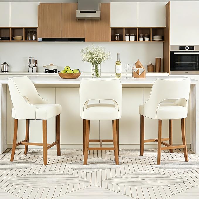 ClinQ Bar Stools Set of 6, 26" H Counter Height Bar Stools with Backs, Modern Upholstered Accent Barstools with H-Shaped Footrest for Kitchen Island, Dining Room and Bar, Beige-Walnut Legs
