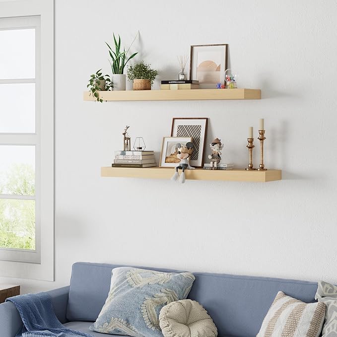 White Oak Floating Shelf for Wall, 2 Inch Thick Wood Floating Shelves Wall Mounted, 36" Long Shelves for Kitchen Bedroom Living Room,8" Deep Floating Book Shelves Set of 2, 50LB Capacity