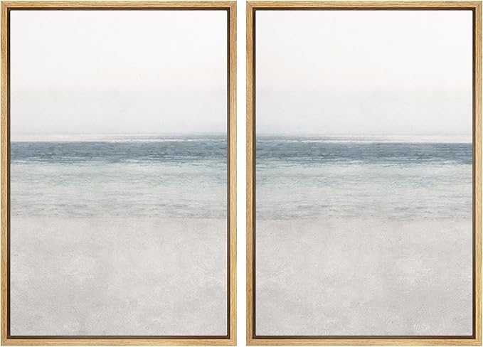 IDEA4WALL Framed Canvas Print Wall Art Set Abstract Beach Shore Ocean Wave Horizon Nature Wilderness Illustrations Modern Art Decorative Coastal Cottage Seascape for Bedroom - 16"x24"x2 Natural