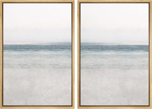 IDEA4WALL Framed Canvas Print Wall Art Set Abstract Beach Shore Ocean Wave Horizon Nature Wilderness Illustrations Modern Art Decorative Coastal Cottage Seascape for Bedroom - 24"x36"x2 Natural